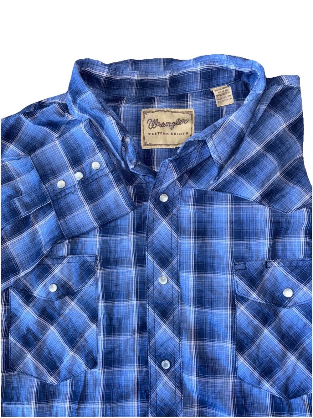 Wrangler Shirt Men 2XL Blue Plaid Pearl Snap Button Cowboy Western Long Sleeve